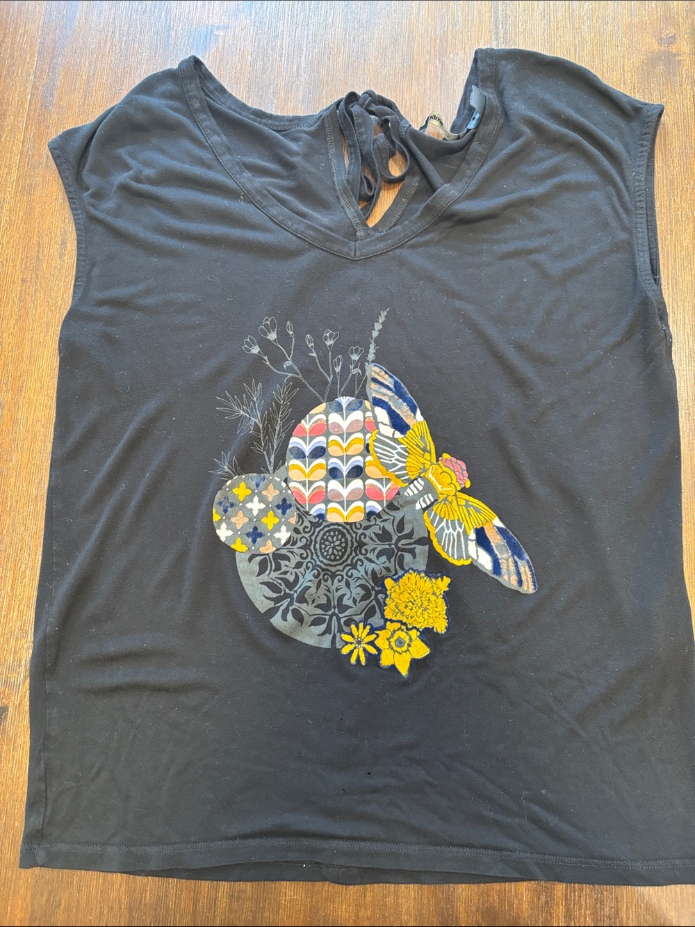 Desigual Black V-Neck Tank with Colorful Floral & Moth Graphic